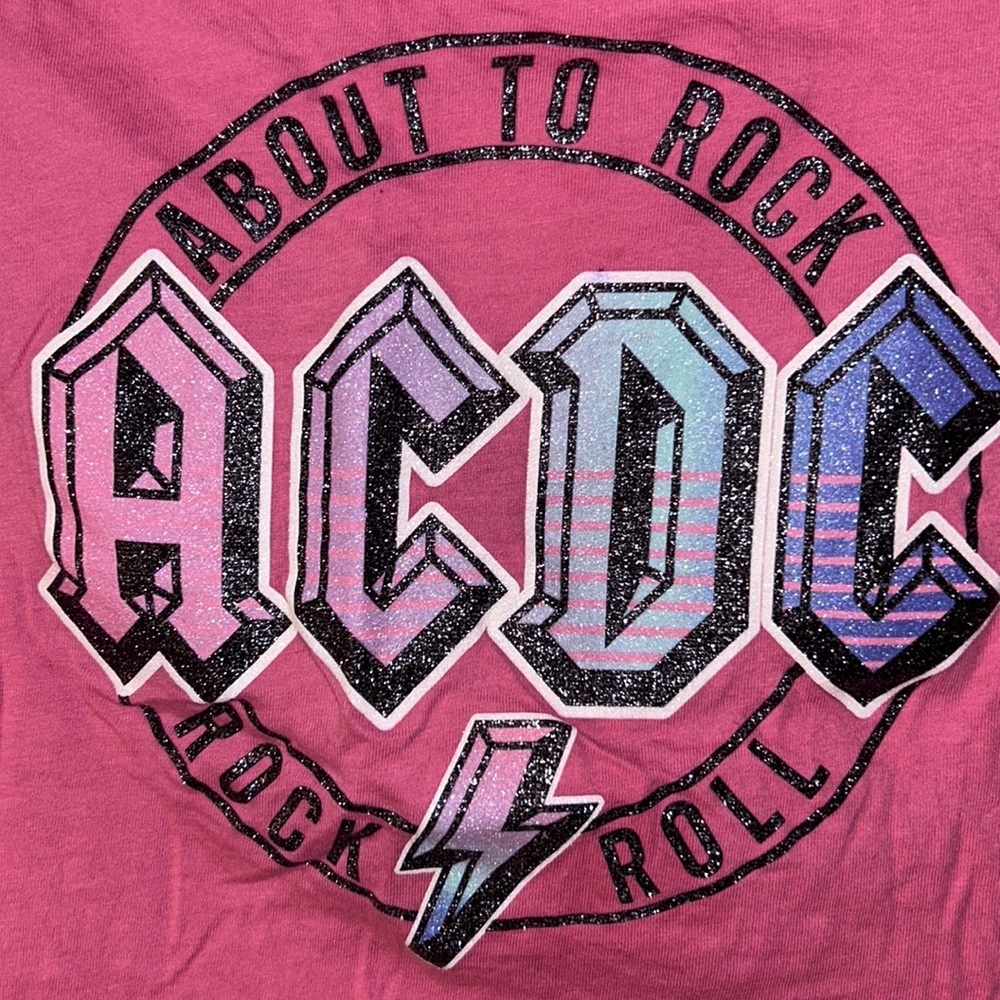 Y2K AC/DC OMBRE PINK BLUE CROP TOP GLITTER ROCK ROLL BABY TEE T-SHIRT SHIRT - Picture 3 of 4